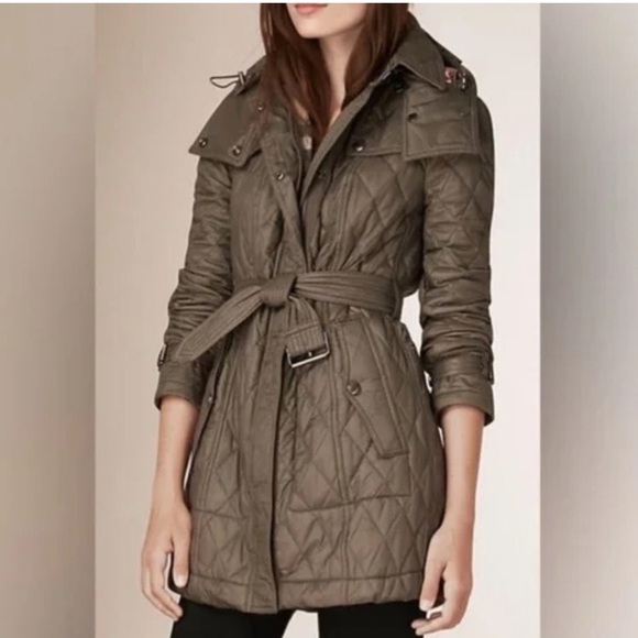 Burberry BRIT Nylon Diamond Quilted Belted & Hooded Parka - Olive - Picture 16 of 16